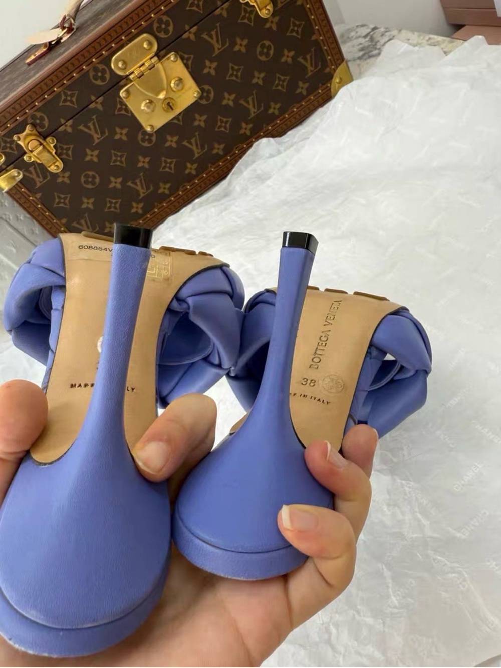 🚩steal Bottega Veneta Periwinkle Intrecciato Knot Mule Heels - Picture 4 of 5